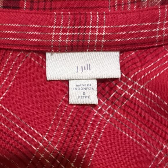 J. Jill‎ Women's size Small Petite Tunic Blouse Red Plaid Button-Down Rayon - Picture 6 of 13